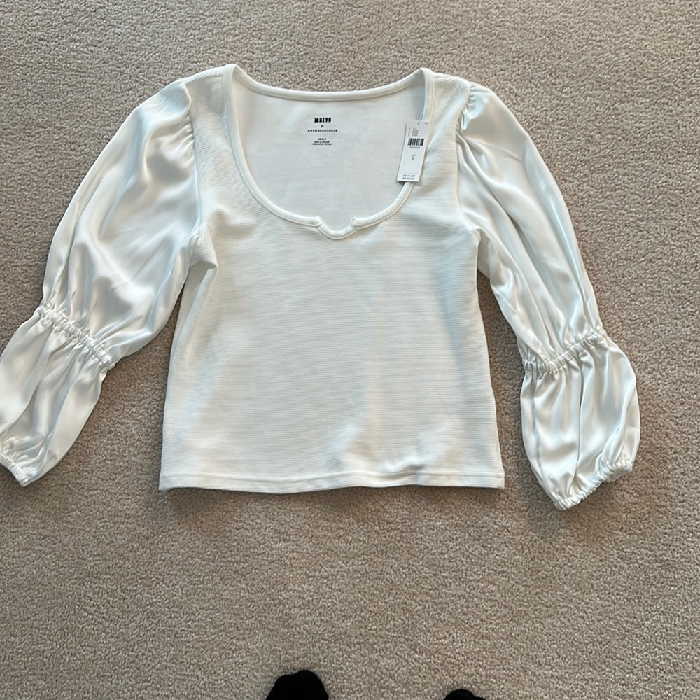 New with tags Maeve top.  Satin sleeves. Stretch bodice. Off white. Scoop neck